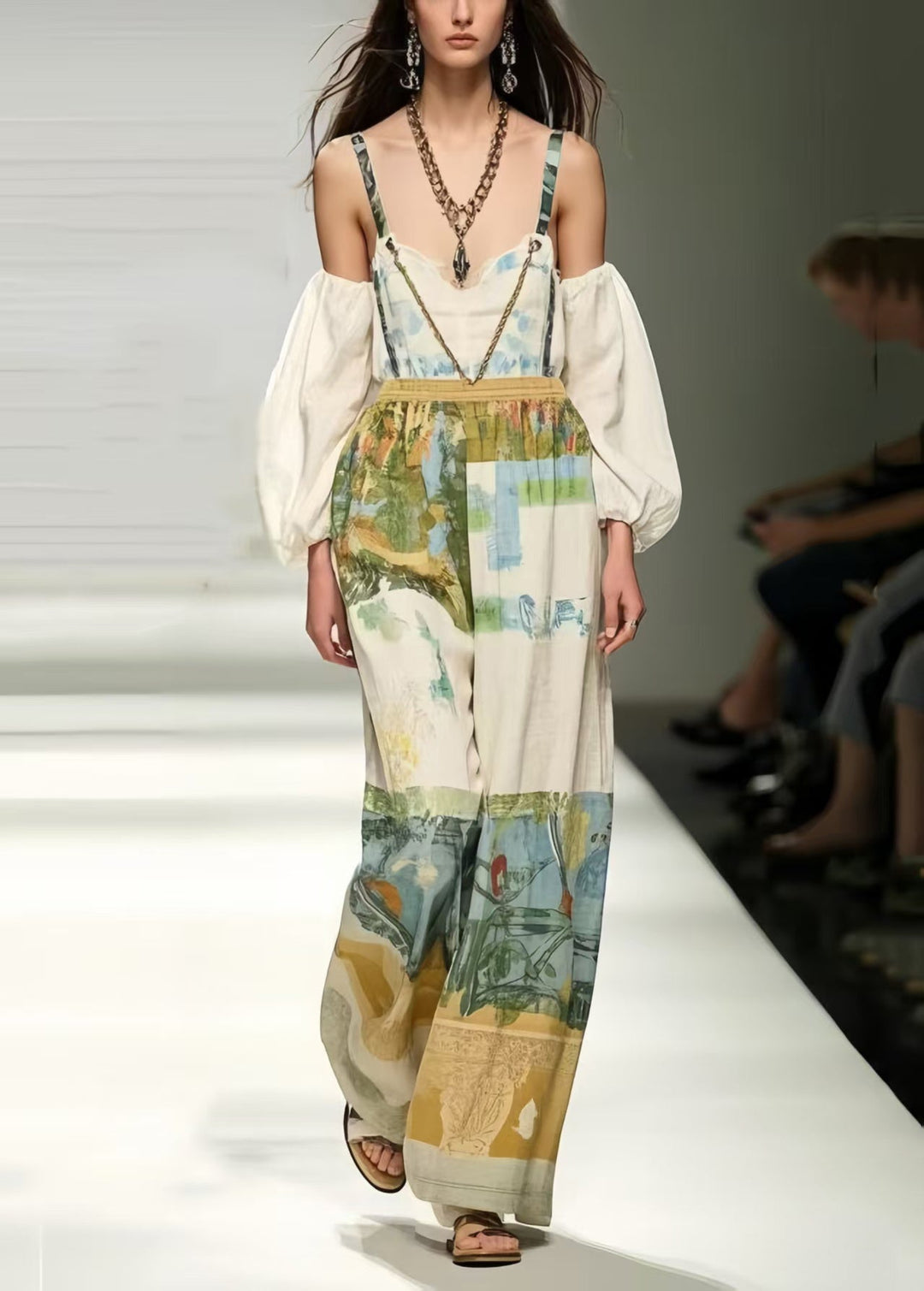 Modern White Backless Print Cotton Overalls Jumpsuit Summer