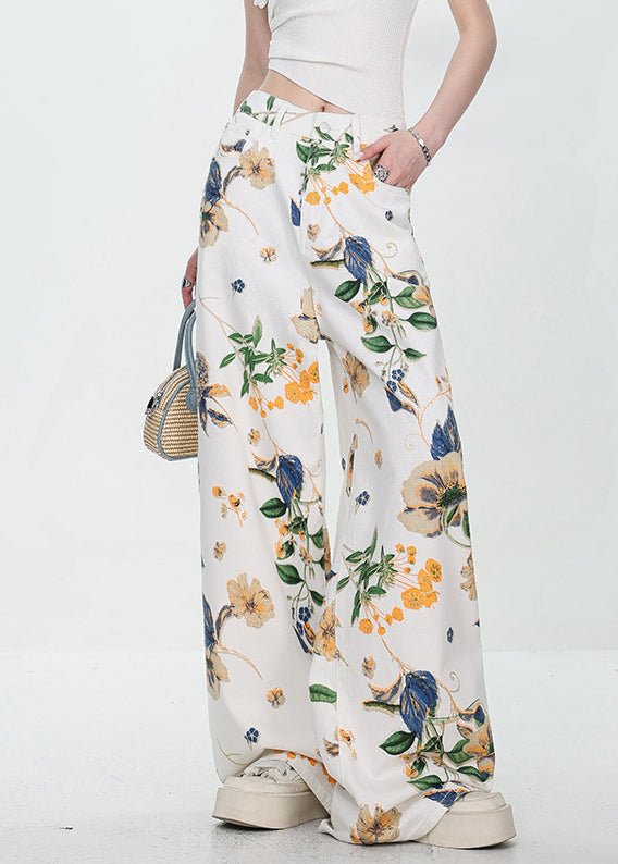 Modern White Button Pockets High Waist Denim Wide Leg Pants