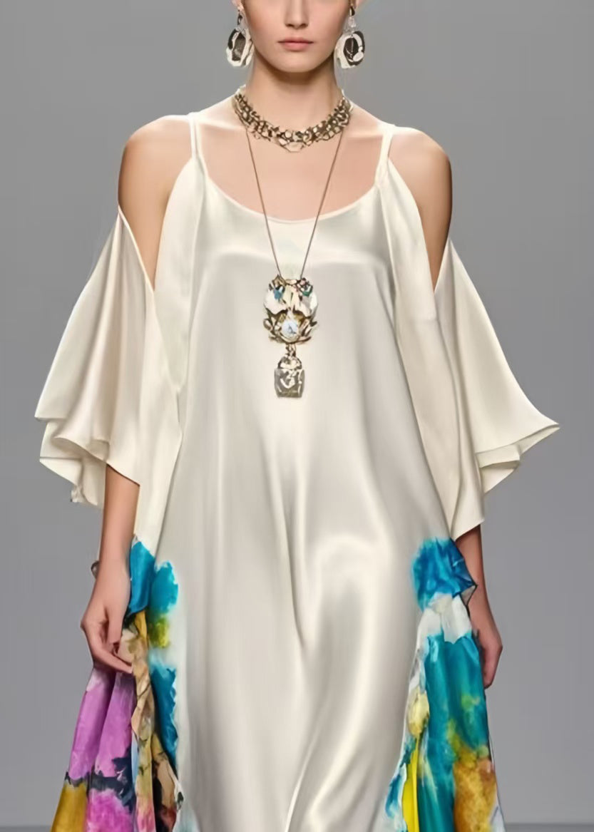 Modern White Cold Shoulder Print Silk Maxi Dress Summer