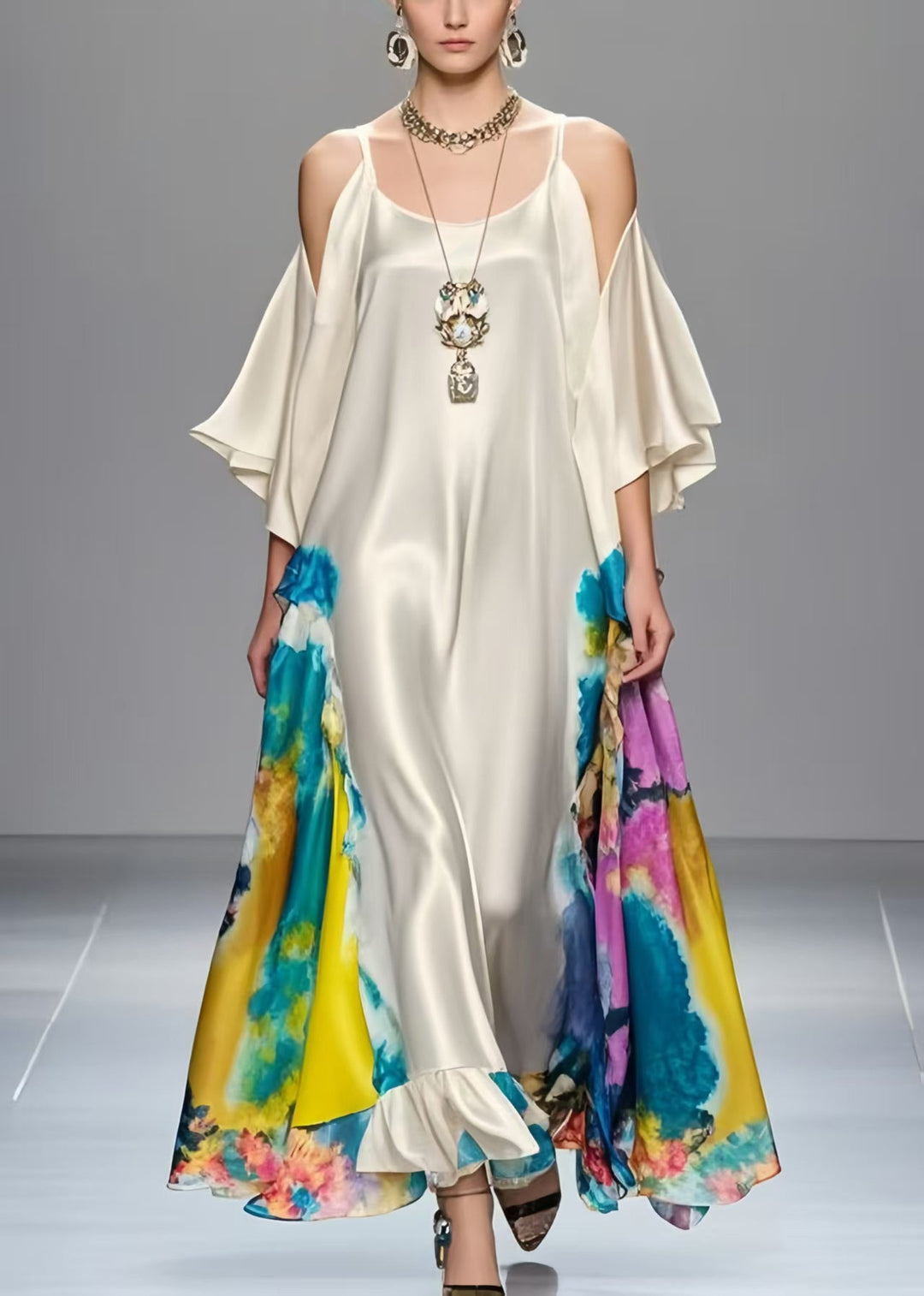 Modern White Cold Shoulder Print Silk Maxi Dress Summer