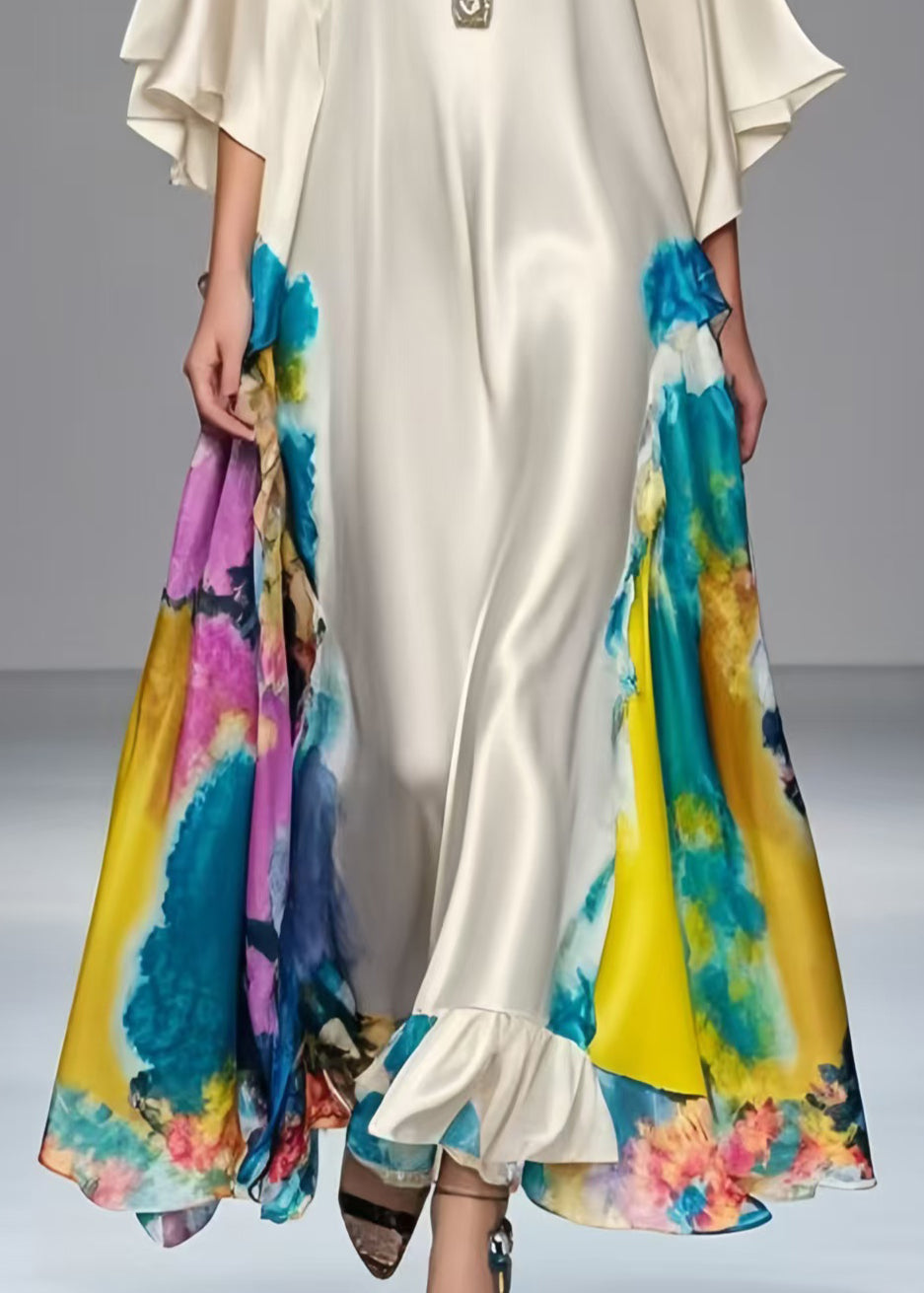Modern White Cold Shoulder Print Silk Maxi Dress Summer