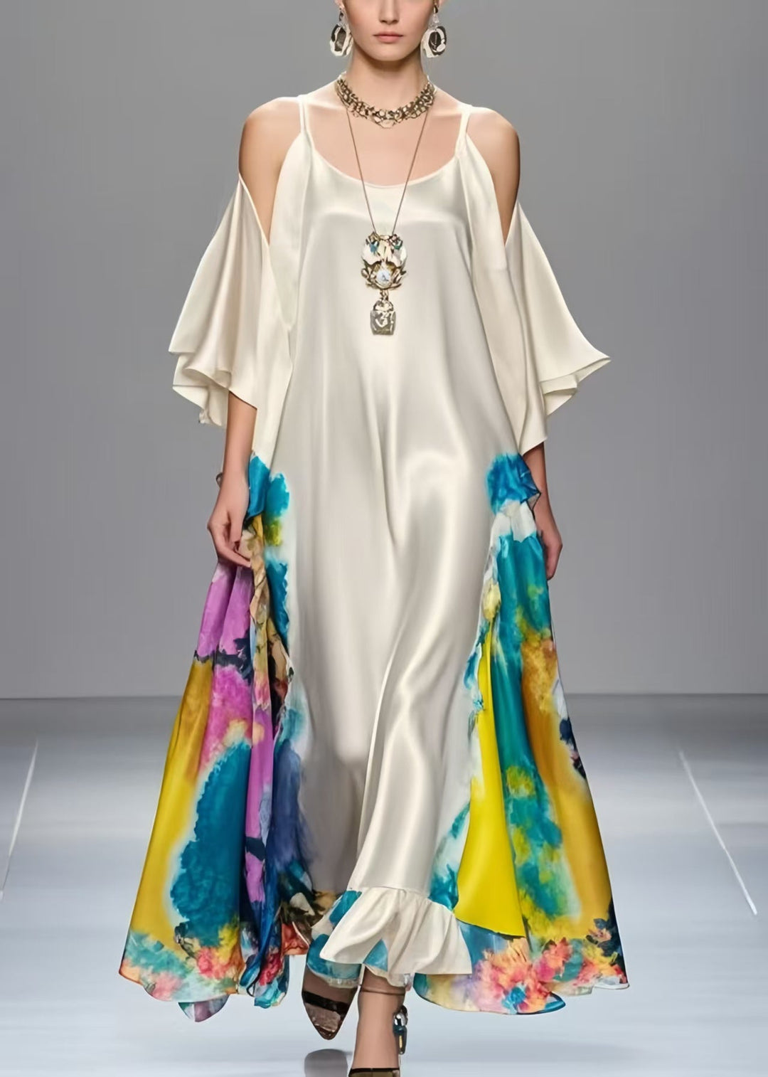 Modern White Cold Shoulder Print Silk Maxi Dress Summer