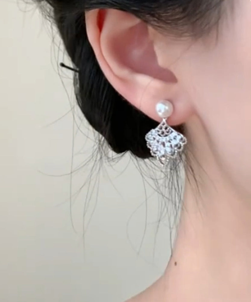 Modern White Copper Overgild Pearl Zircon Sector Drop Earrings