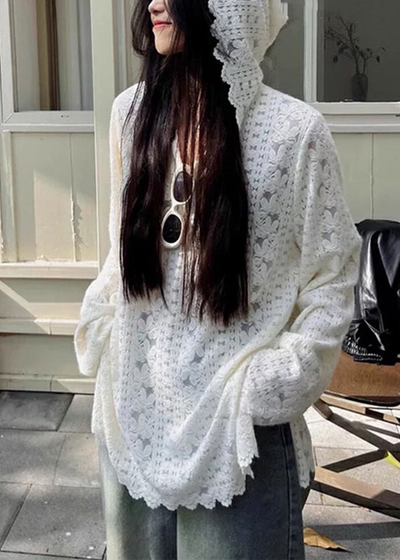 Modern White Floral Hooded Knit Lace Shirts Spring