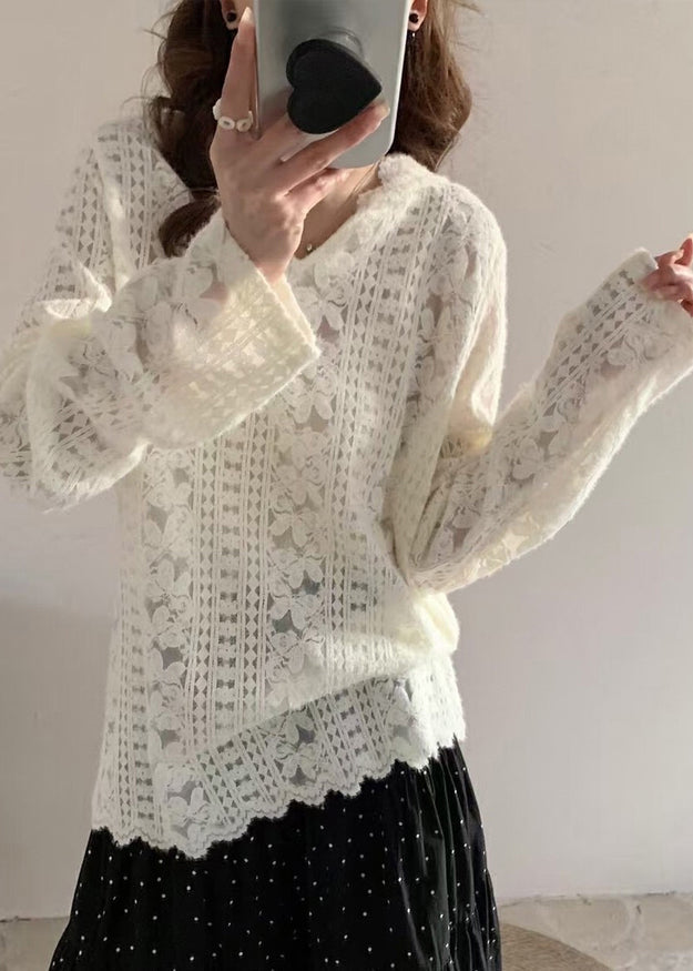 Modern White Floral Hooded Knit Lace Shirts Spring