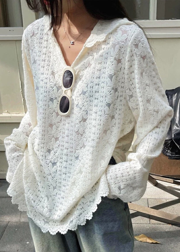 Modern White Floral Hooded Knit Lace Shirts Spring