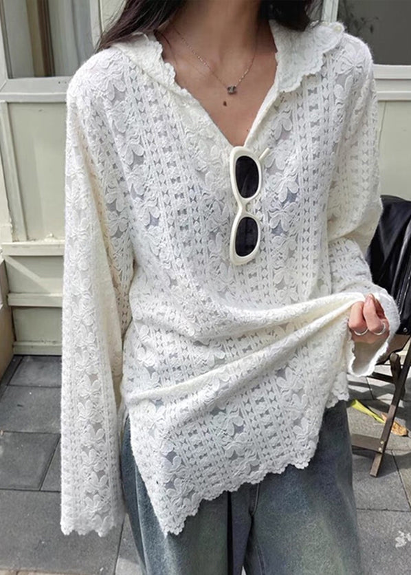 Modern White Floral Hooded Knit Lace Shirts Spring
