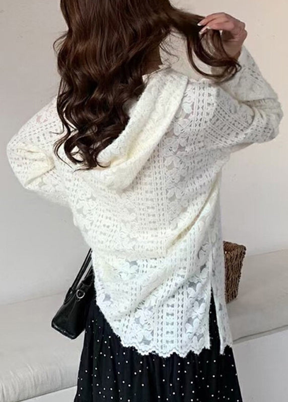 Modern White Floral Hooded Knit Lace Shirts Spring