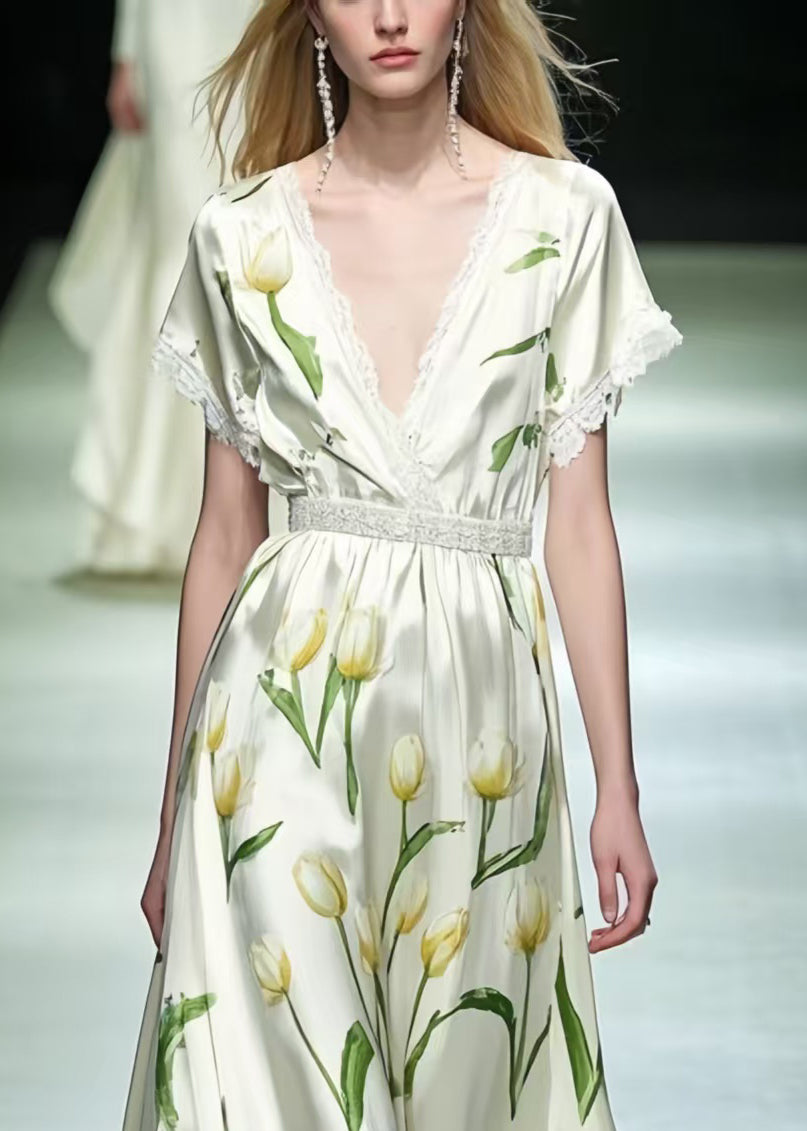 Modern White Flower Print Patchwork Lace Long Dresses Summer