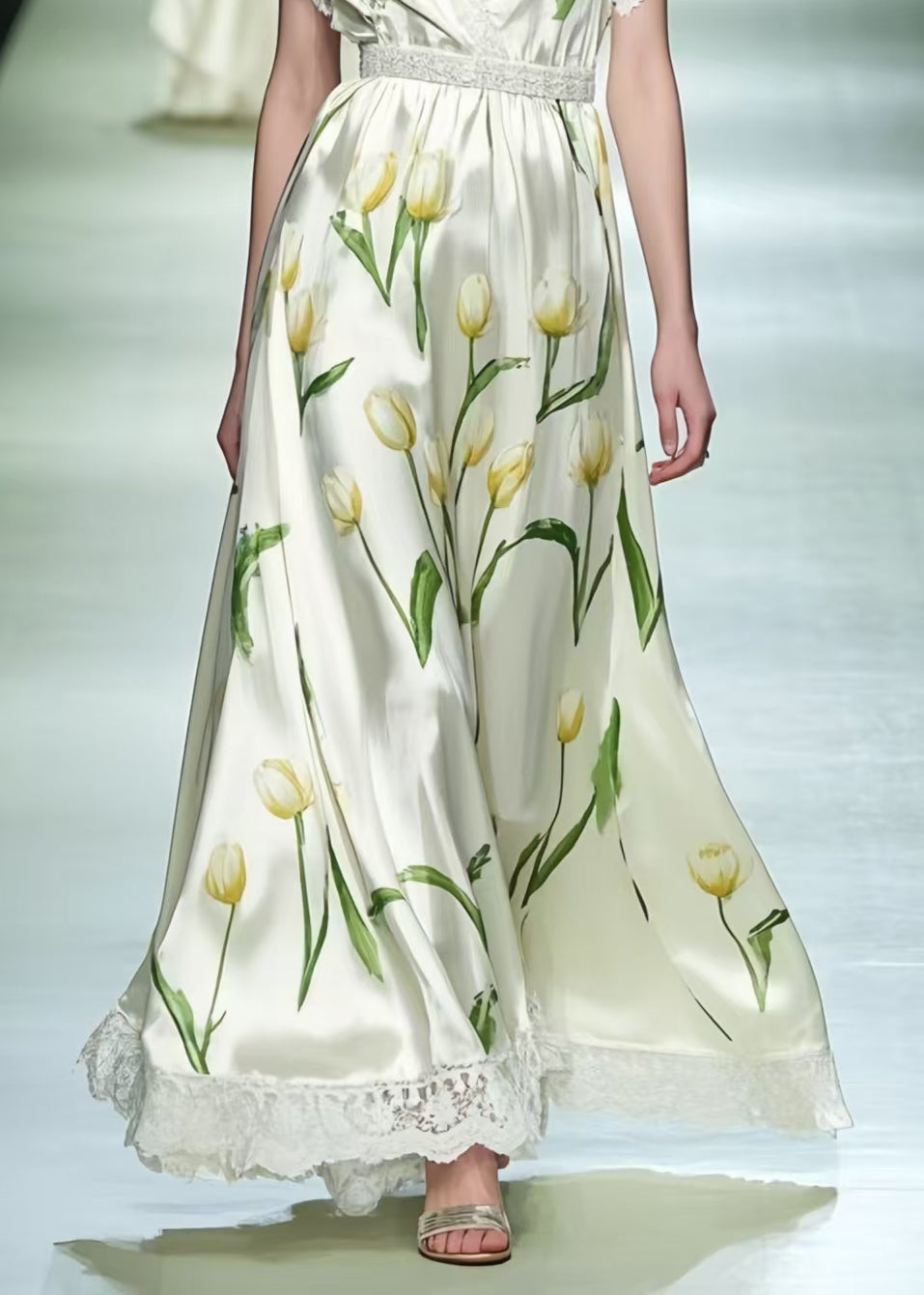 Modern White Flower Print Patchwork Lace Long Dresses Summer