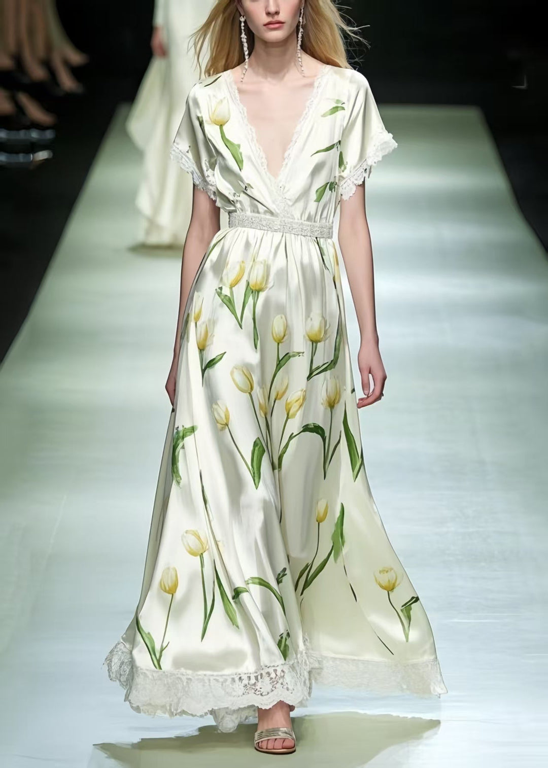 Modern White Flower Print Patchwork Lace Long Dresses Summer