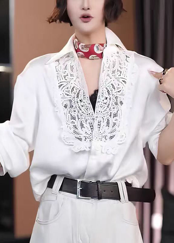 Modern White Hollow Out Lace Patchwork Cotton Shirt Tops Fall