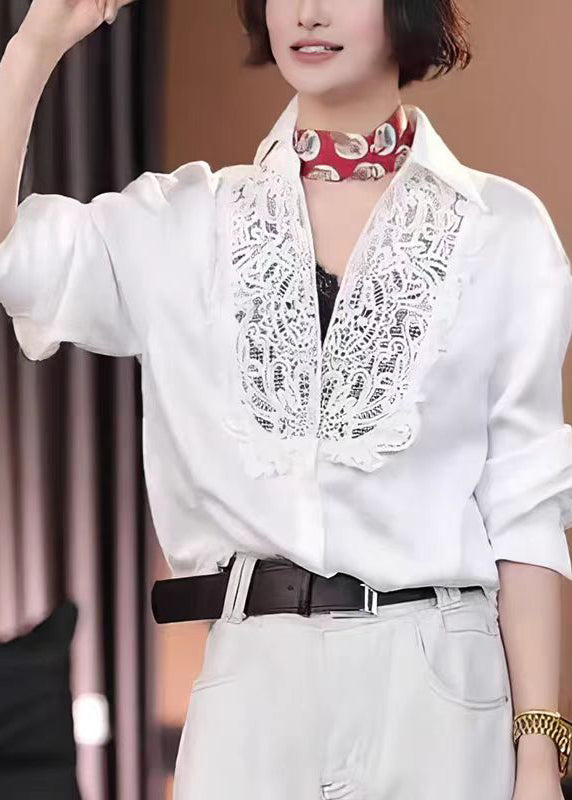 Modern White Hollow Out Lace Patchwork Cotton Shirt Tops Fall