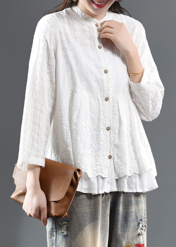 Modern White Hollow Out Solid Shirts Fall