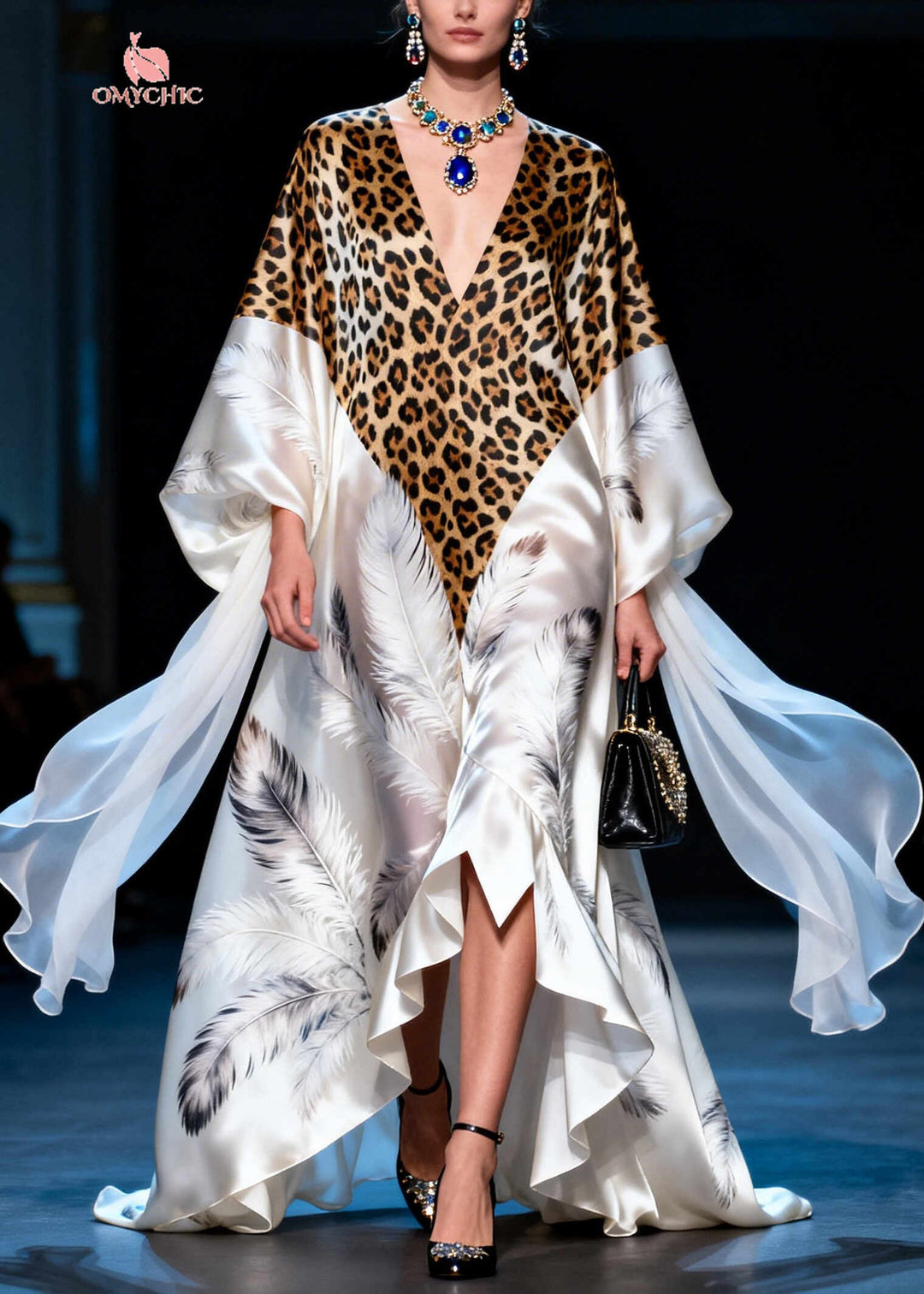 Modern White Leopard Patchwork Exra Large Hem Silk Vacation Dresses Summer