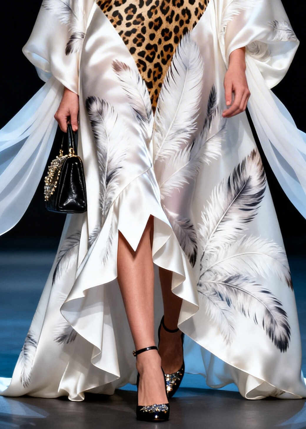 Modern White Leopard Patchwork Exra Large Hem Silk Vacation Dresses Summer