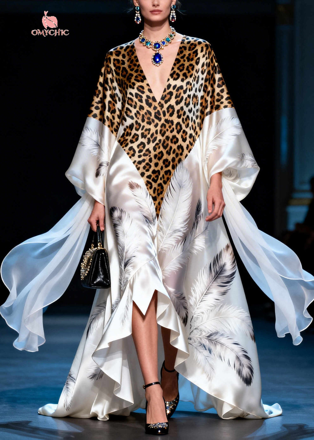 Modern White Leopard Patchwork Exra Large Hem Silk Vacation Dresses Summer