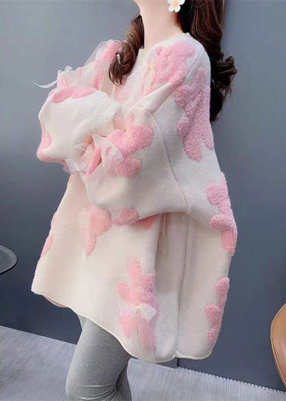 Modern White Oversized Floral Bow Knit Sweaters Winter