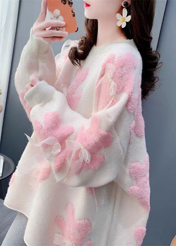 Modern White Oversized Floral Bow Knit Sweaters Winter
