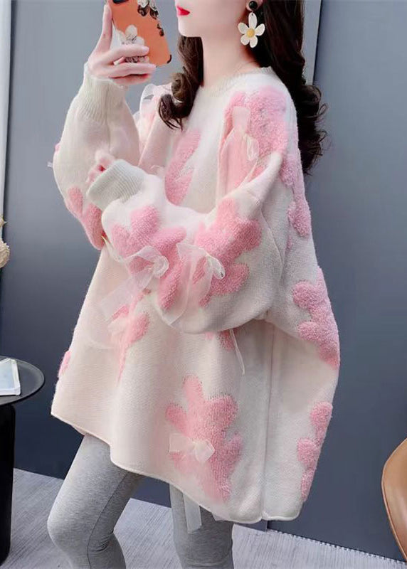 Modern White Oversized Floral Bow Knit Sweaters Winter