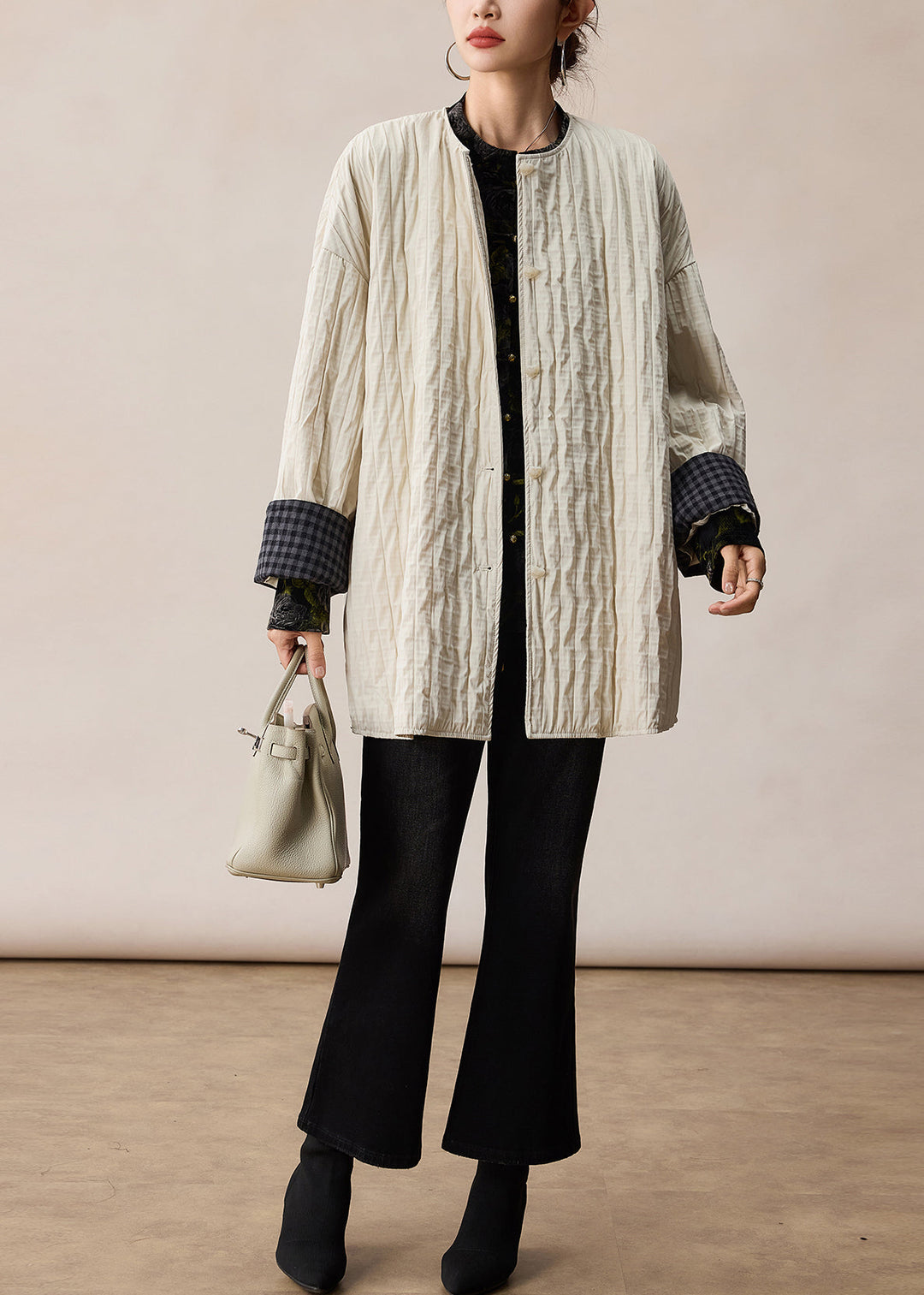 Modern White Oversized Plaid Wrinkled Cotton Coats Spring