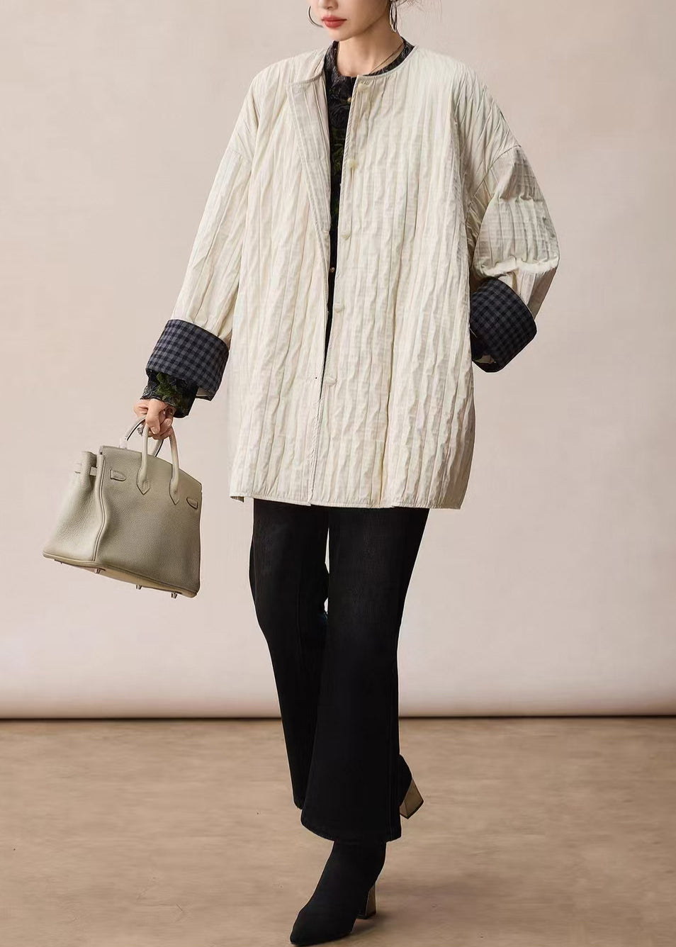 Modern White Oversized Plaid Wrinkled Cotton Coats Spring