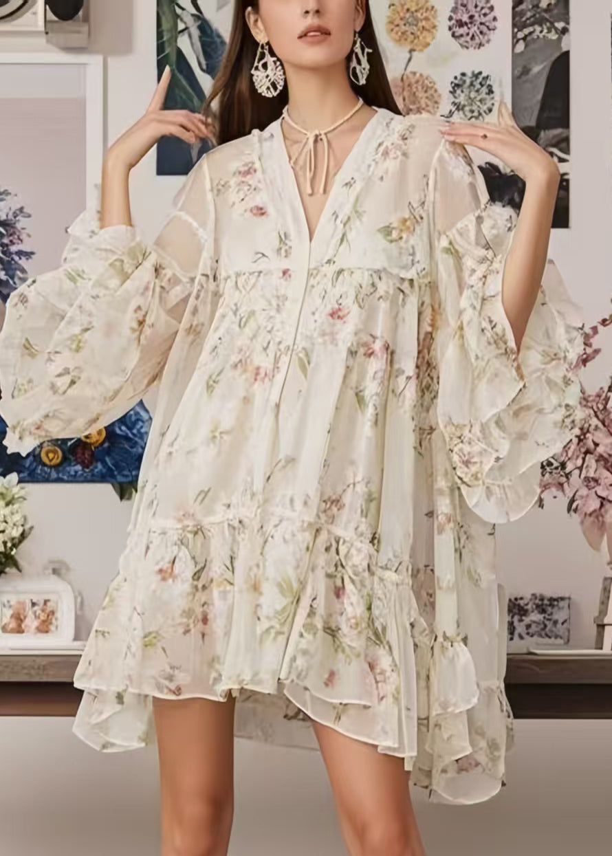 Modern White Oversized Print Chiffon Holiday Dress Summer