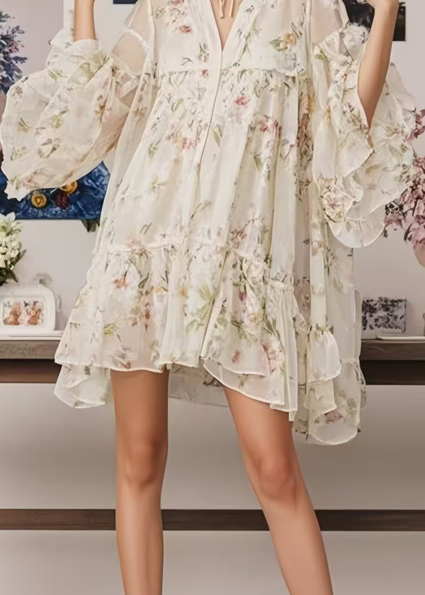 Modern White Oversized Print Chiffon Holiday Dress Summer