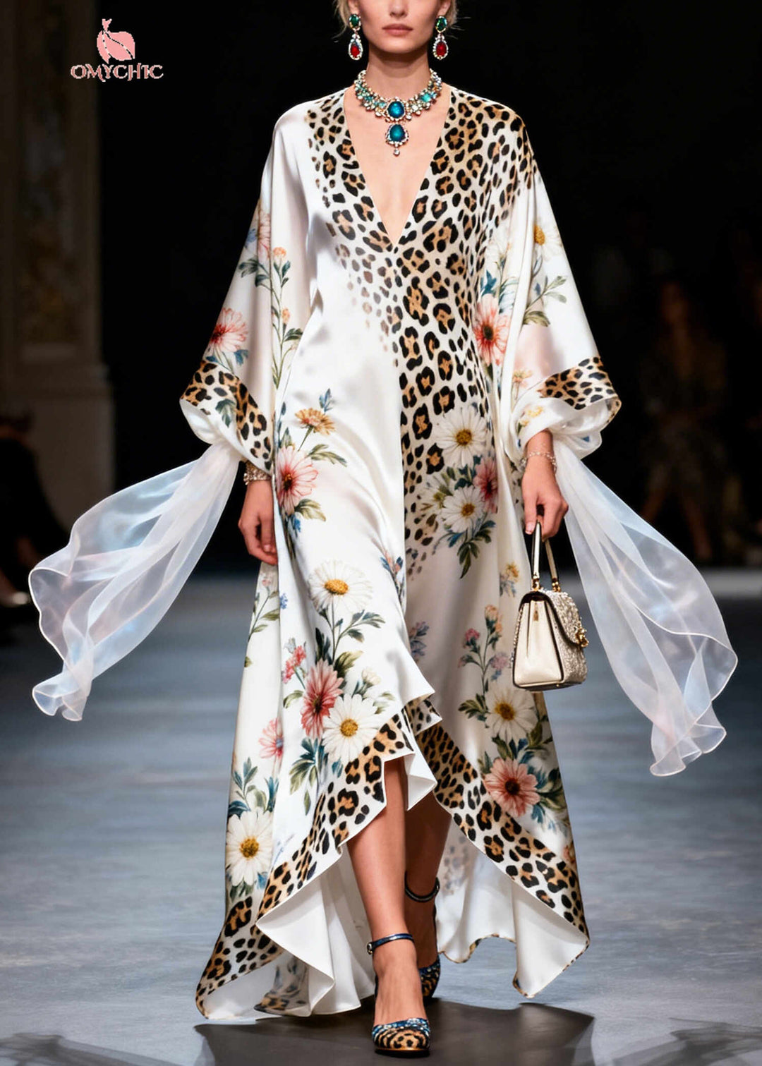 Modern White Oversized Print Draping Silk Maxi Dresses Summer