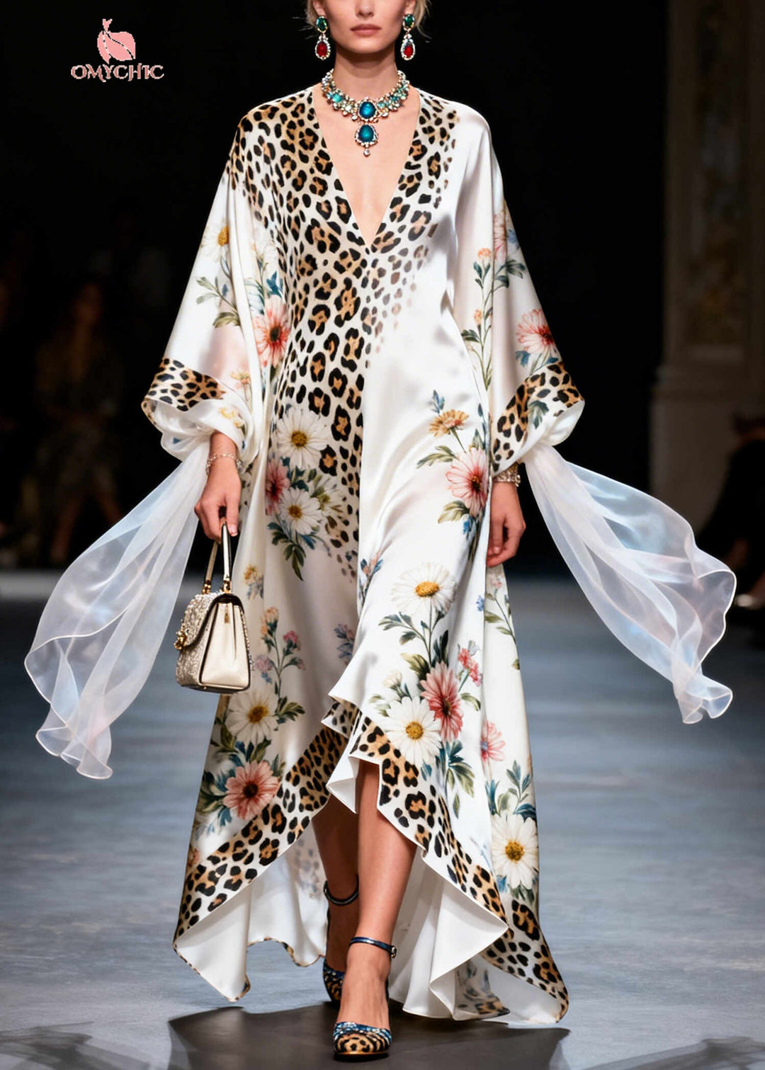 Modern White Oversized Print Draping Silk Maxi Dresses Summer