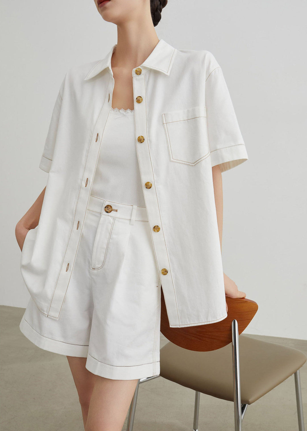 Modern White Peter Pan Collar Denim Two Pieces Set Summer