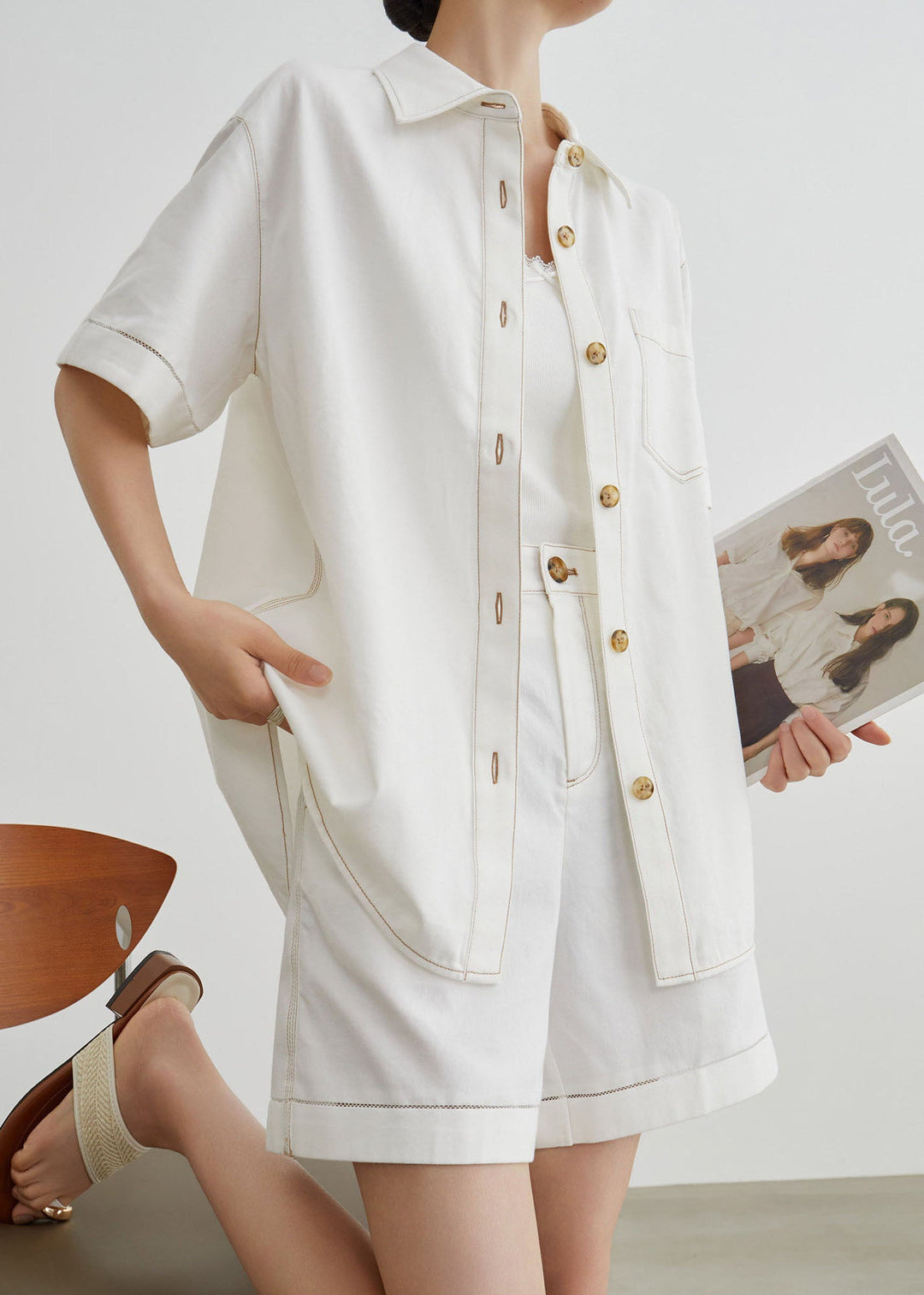 Modern White Peter Pan Collar Denim Two Pieces Set Summer