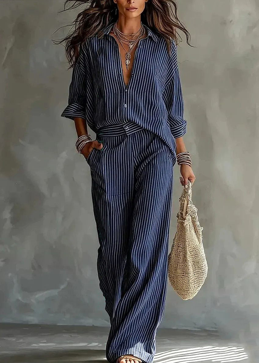 Modern White Peter Pan Collar Striped Shirts And Pants Two Pieces Set Long Sleeve