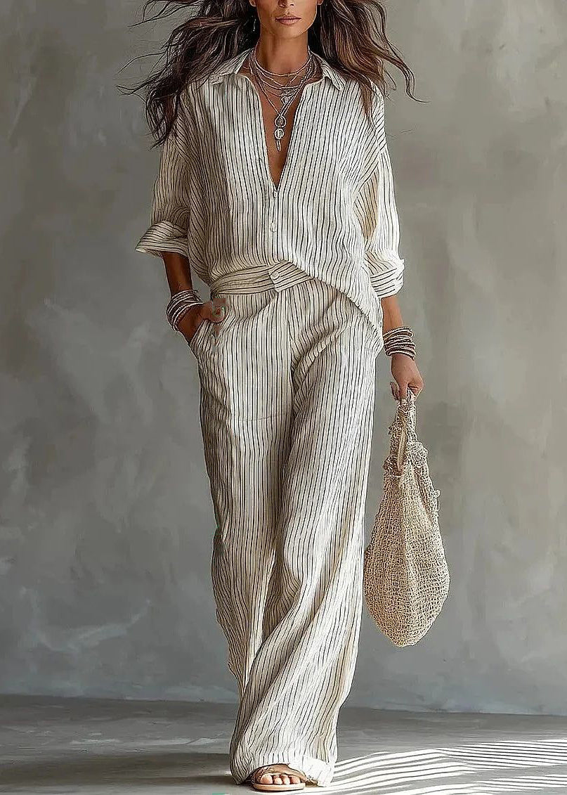 Modern White Peter Pan Collar Striped Shirts And Pants Two Pieces Set Long Sleeve