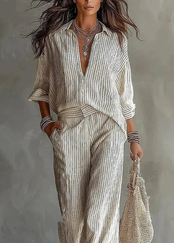 Modern White Peter Pan Collar Striped Shirts And Pants Two Pieces Set Long Sleeve