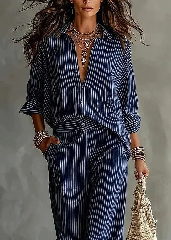Modern White Peter Pan Collar Striped Shirts And Pants Two Pieces Set Long Sleeve