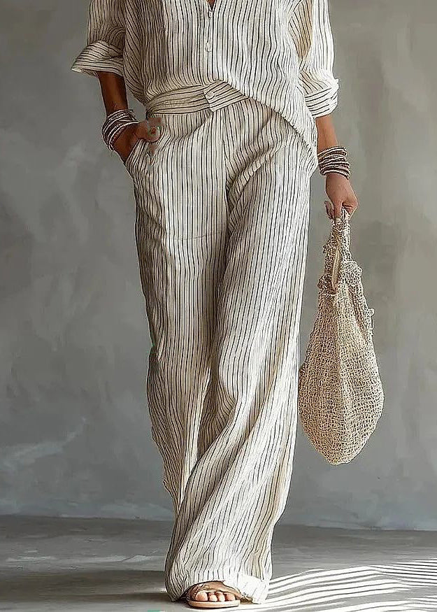Modern White Peter Pan Collar Striped Shirts And Pants Two Pieces Set Long Sleeve