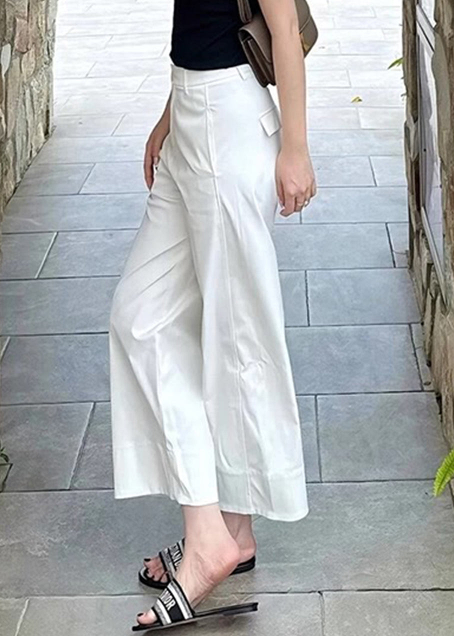 Modern White Pockets High Waist Cotton Crop Pants Summer