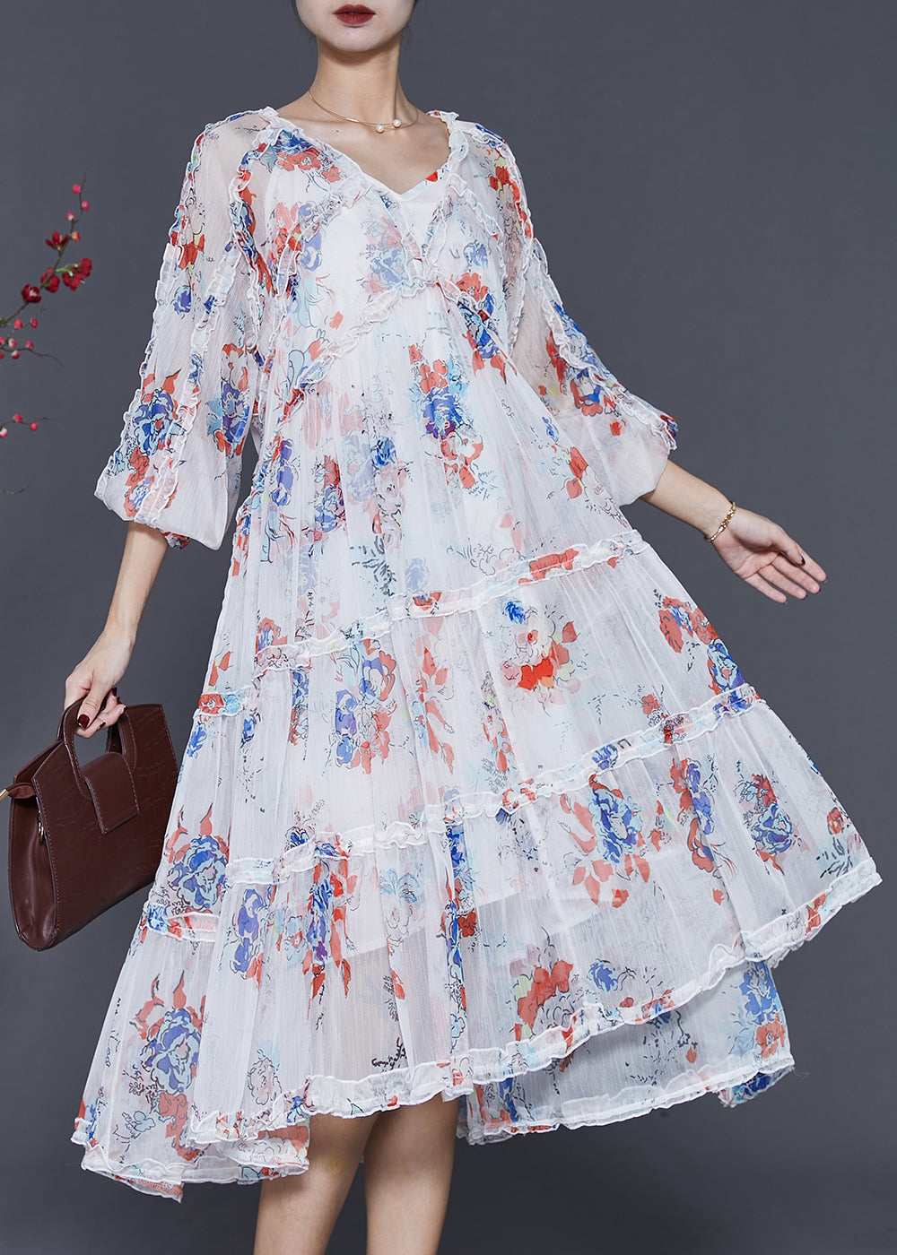 Modern White Print Exra Large Hem Chiffon Long Dresses Spring