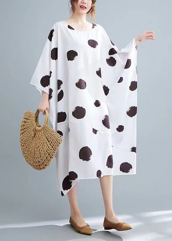 Modern White Print Long Dress Long Sleeve - Omychic