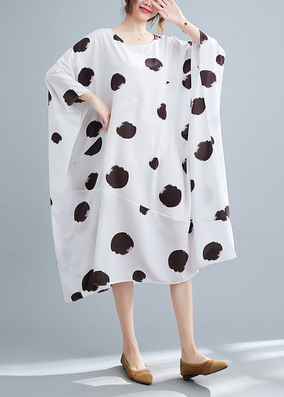 Modern White Print Long Dress Long Sleeve - Omychic