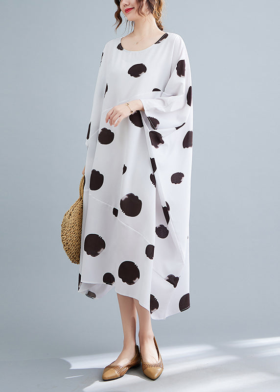 Modern White Print Long Dress Long Sleeve - Omychic