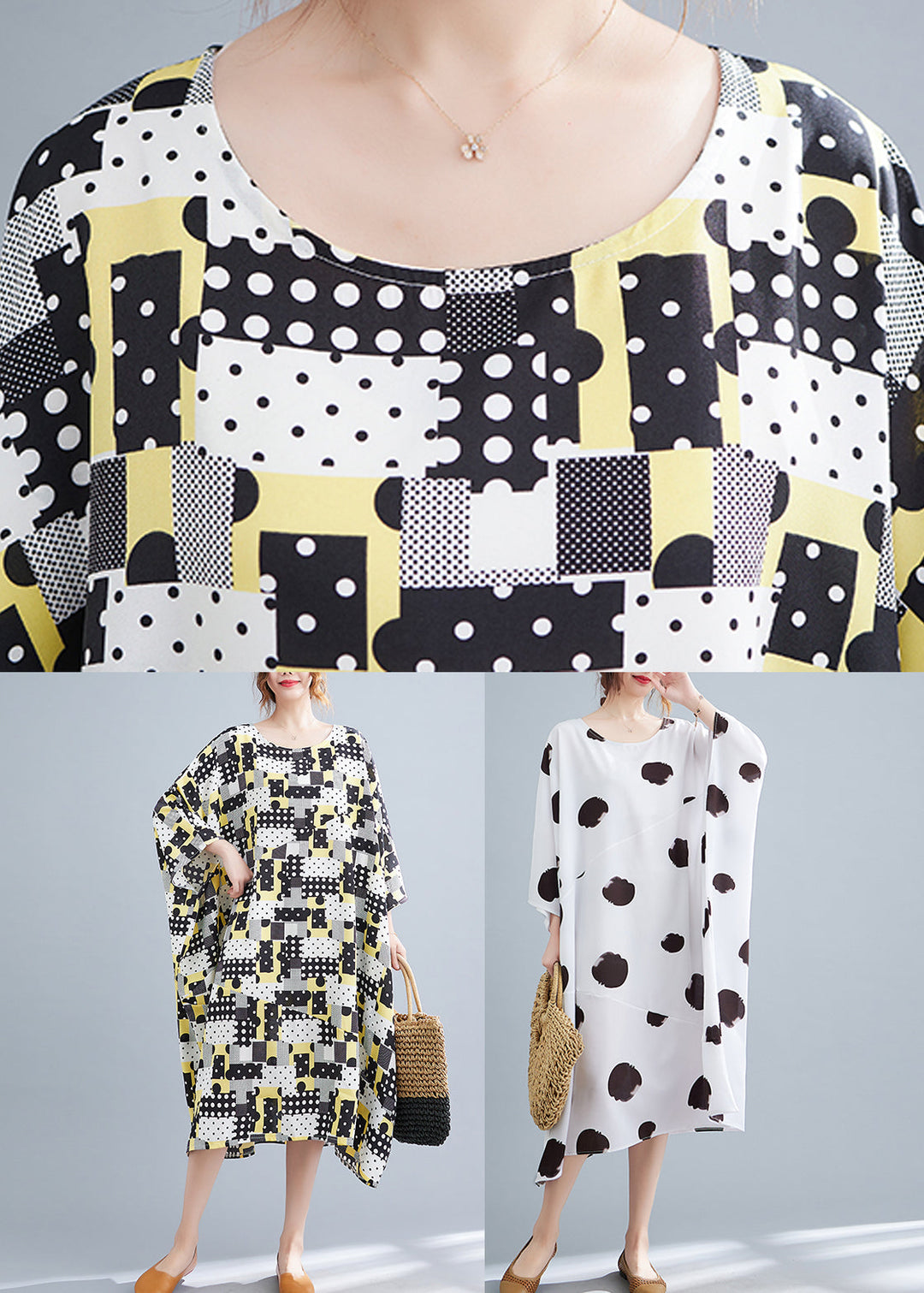 Modern White Print Long Dress Long Sleeve - Omychic