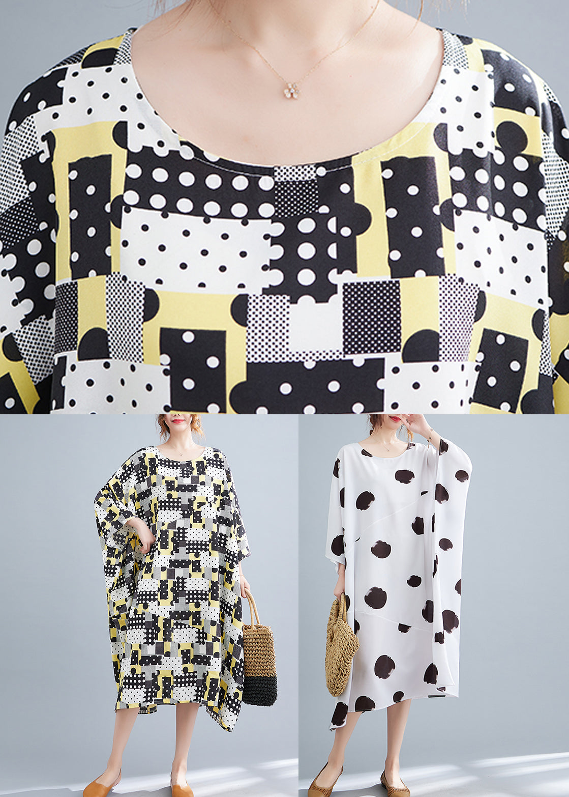 Modern White Print Long Dress Long Sleeve - Omychic