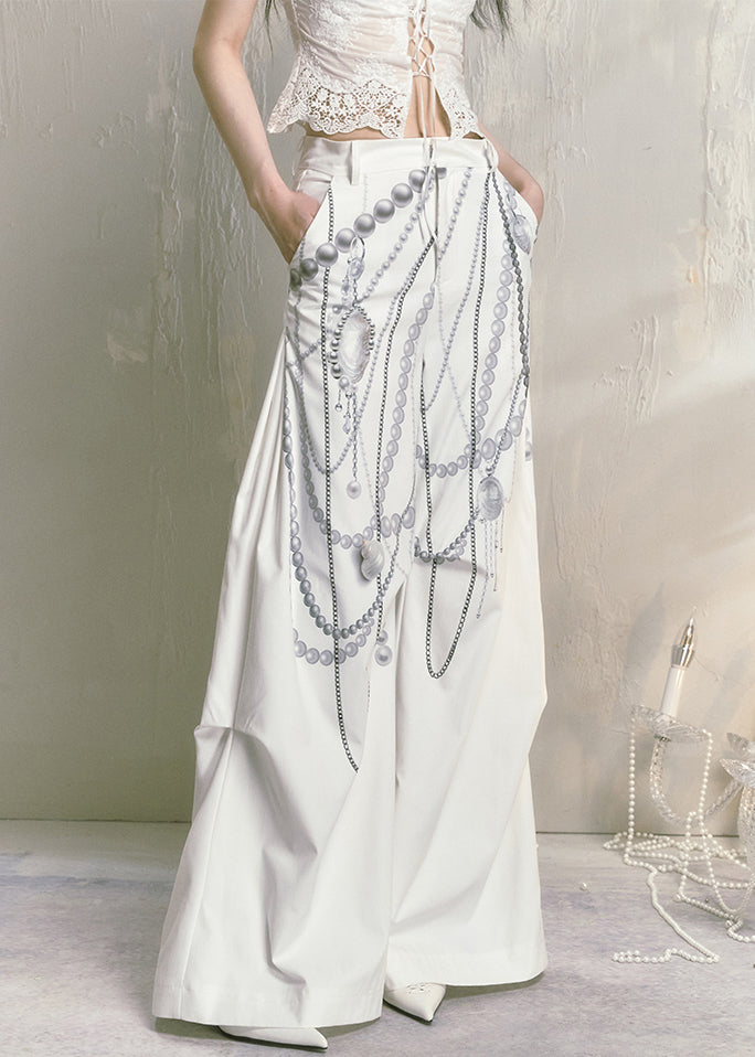 Modern White Print Pockets Cotton Wide Leg Pants Summer