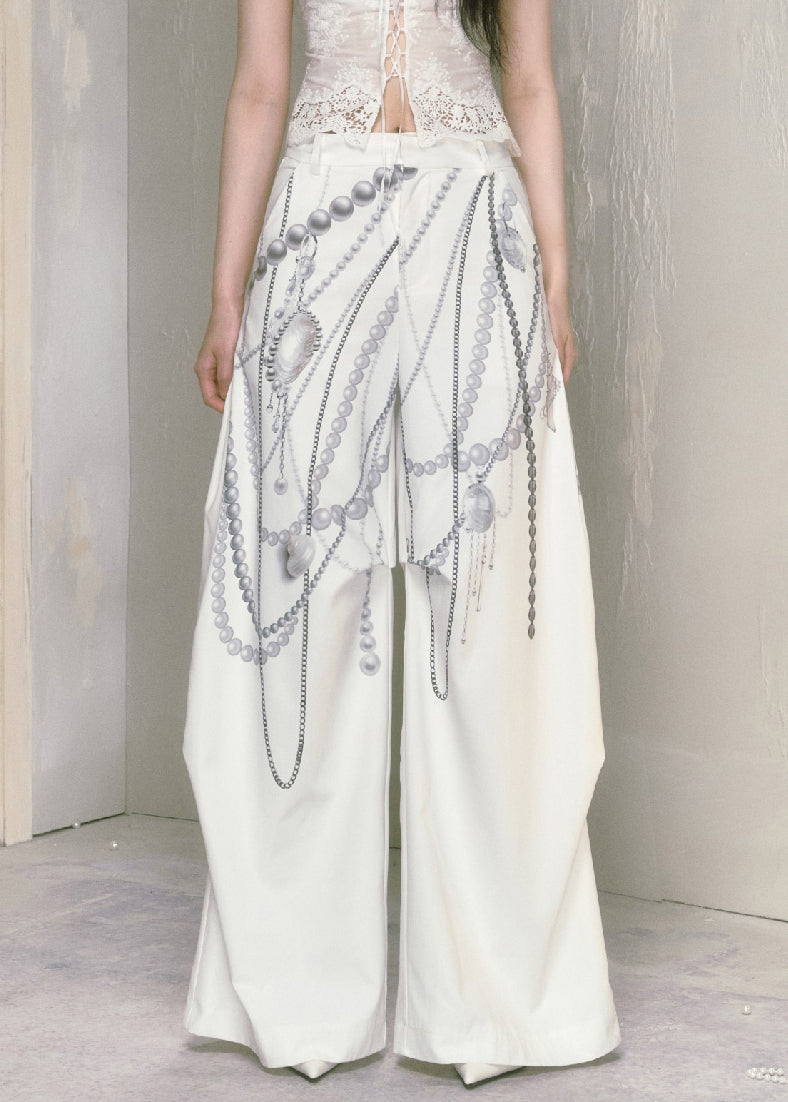 Modern White Print Pockets Cotton Wide Leg Pants Summer