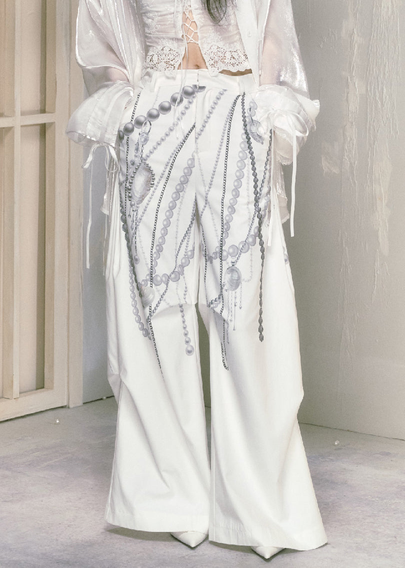 Modern White Print Pockets Cotton Wide Leg Pants Summer