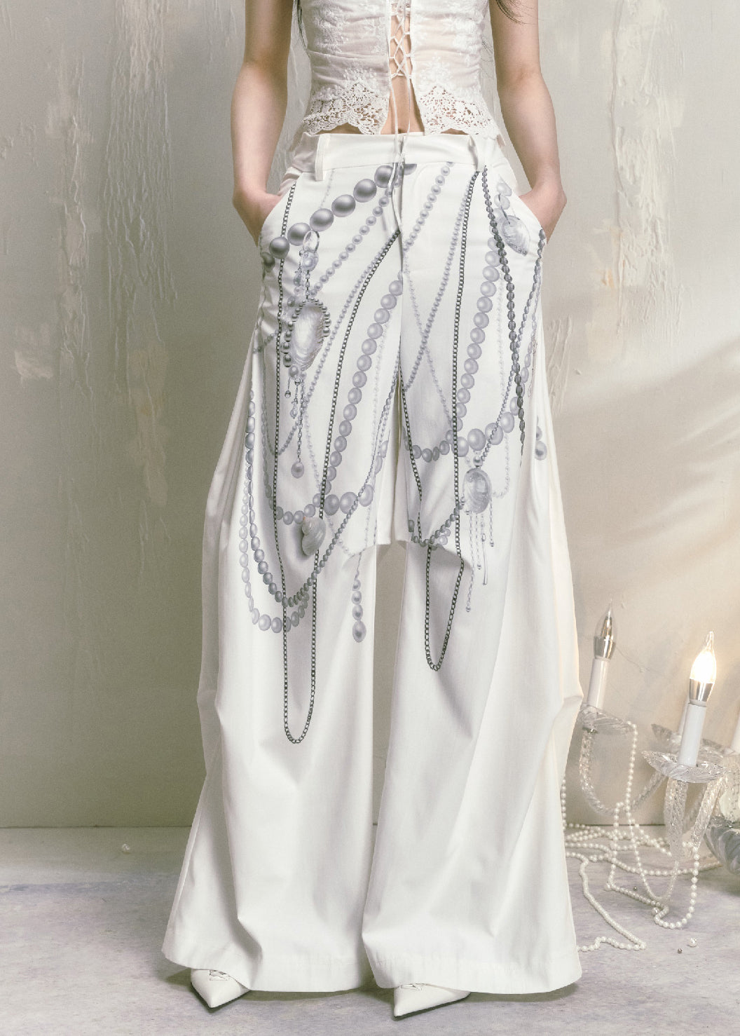 Modern White Print Pockets Cotton Wide Leg Pants Summer