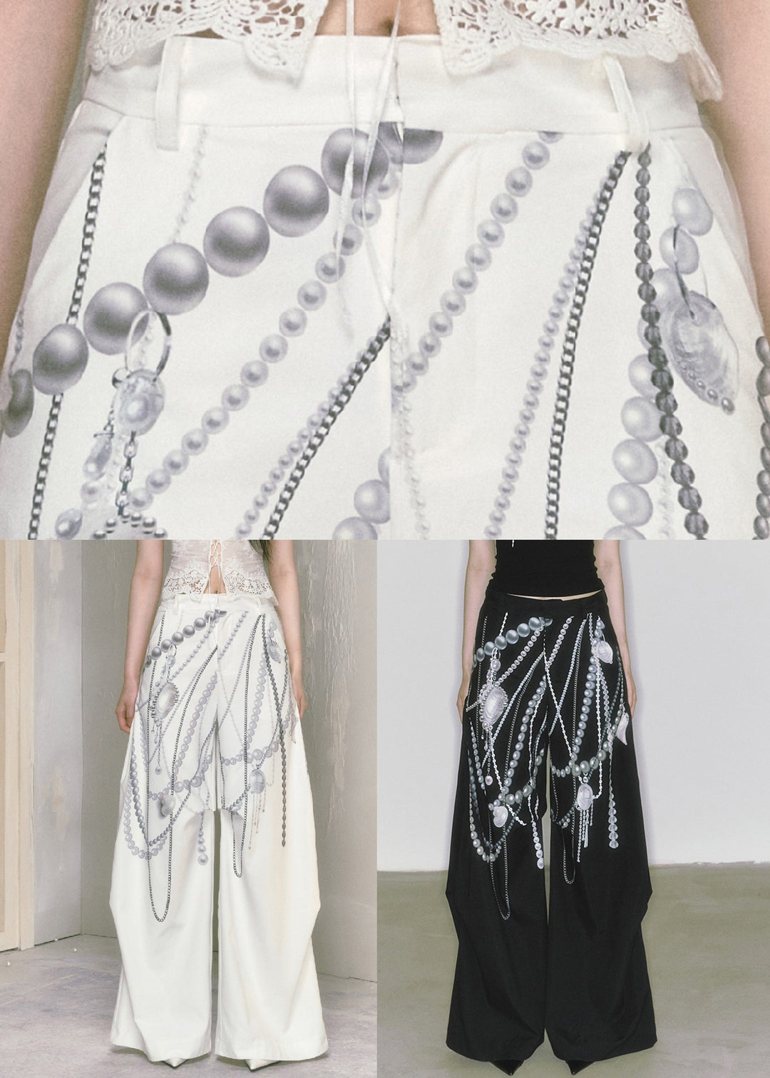 Modern White Print Pockets Cotton Wide Leg Pants Summer