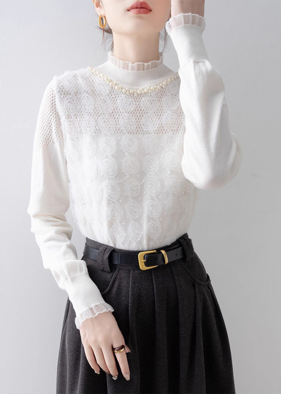 Modern White Ruffled Floral Knit Top Spring